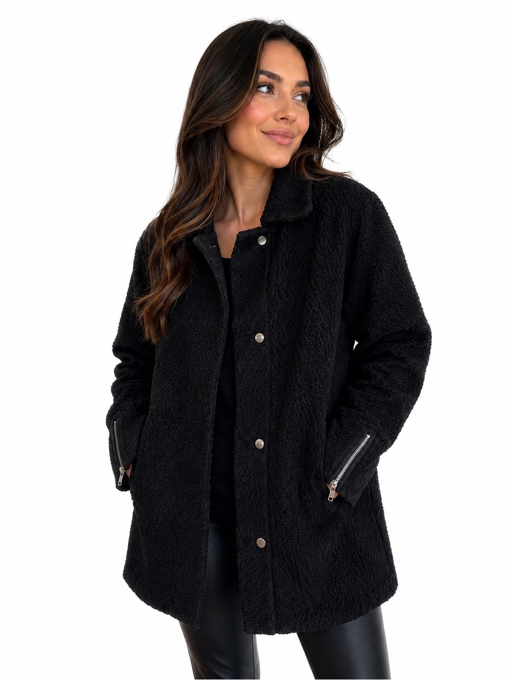 Eileen Fisher Black Teddy Sherpa Snap-Front Coat